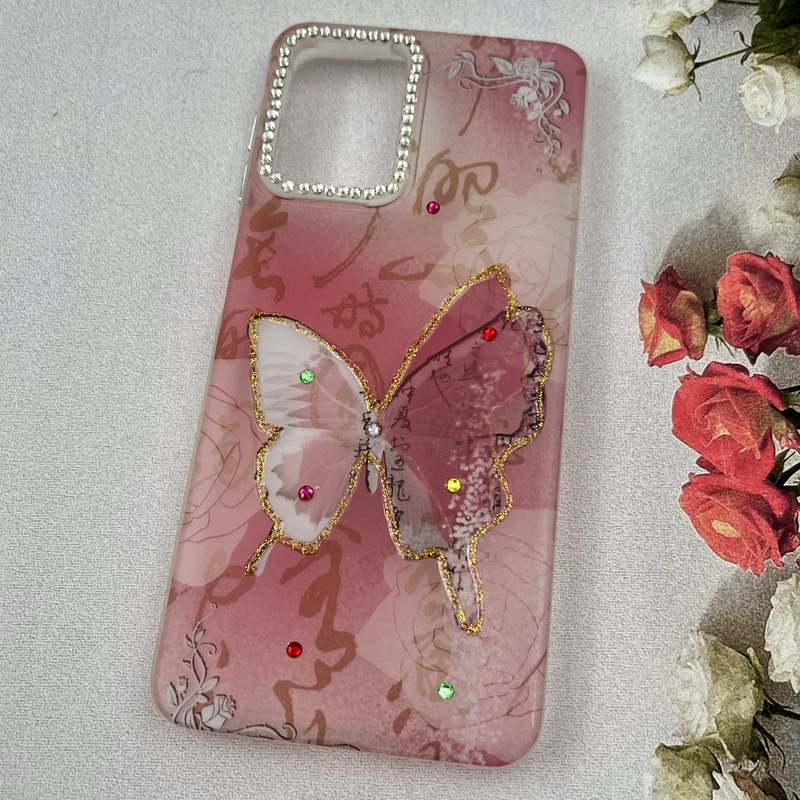 قاب گوشی Galaxy A22 4G / Galaxy M32 4G سامسونگ Crystal Case نگین دار لوکس رزینی طرح پروانه صورتی لنز الماسی کد 81338 - Image 2