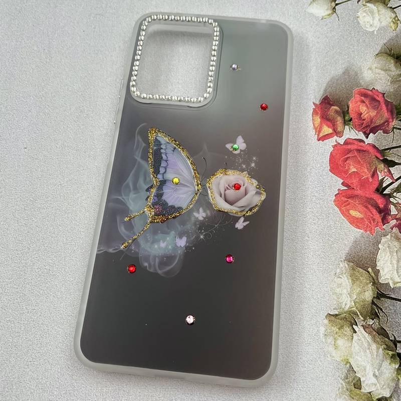 قاب گوشی Redmi Note 12 4G شیائومی Crystal Case نگین دار لوکس رزینی طرح پروانه و رز سفید لنز الماسی کد 81844 - Image 2