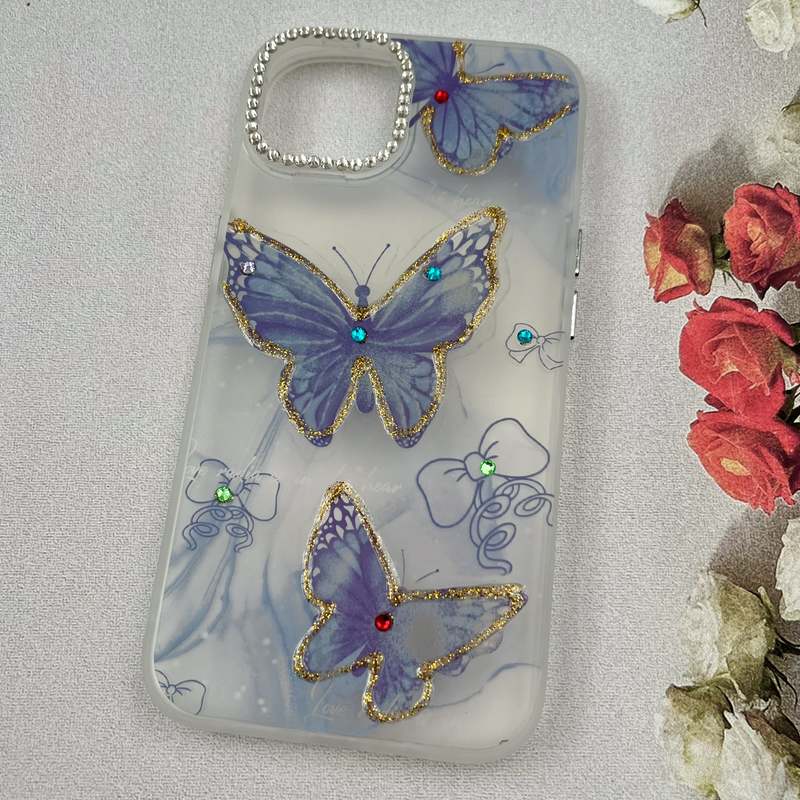 قاب گوشی iPhone 13 / iPhone 14 آیفون Crystal Case نگین دار لوکس رزینی طرح پروانه و پاپیون لنز الماسی کد 87832 - Image 2