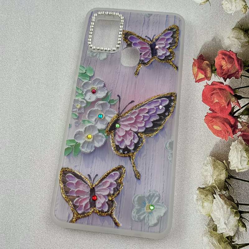 قاب گوشی Galaxy A21S سامسونگ Crystal Case نگین دار لوکس رزینی طرح پروانه و بابونه لنز الماسی کد 96384 - Image 2