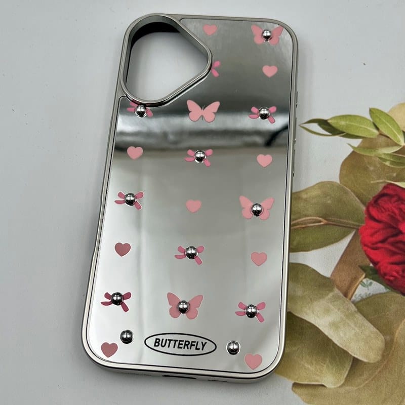 قاب گوشی iPhone 16 آیفون Mirror Case آینه ای مروارید برجسته طرح قلب و پروانه کد 12114 - Image 2