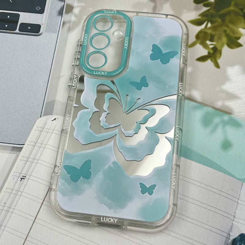 قاب گوشی Galaxy A55 سامسونگ Mirror Case ایربگ دار آینه ای طرح پروانه سبزآبی لنز رنگی کد 14184 - Image 2