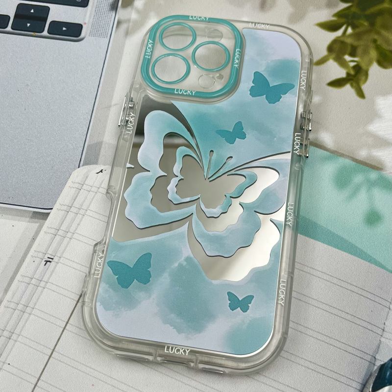 قاب گوشی iPhone 16 Pro Max آیفون Mirror Case ایربگ دار آینه ای طرح پروانه سبزآبی لنز رنگی کد 17406 - Image 2