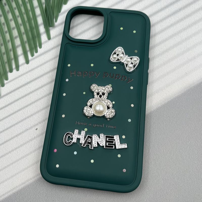 قاب گوشی iPhone 13 / iPhone 14 آیفون Happy Puppy ایربگ دار طرح تدی مرواریدی برجسته سبز کد 22024 - Image 2