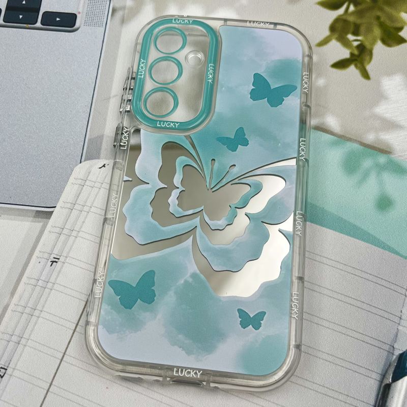 قاب گوشی Galaxy A35 سامسونگ Mirror Case ایربگ دار آینه ای طرح پروانه سبزآبی لنز رنگی کد 22331 - Image 2