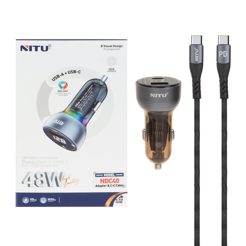 شارژر فندکی PD و فست 48W دو پورت برند Nitu اورجینال مدل NDC40 به همراه کابل شارژ Type-C To Type-C خاکستری MNG کد 25963