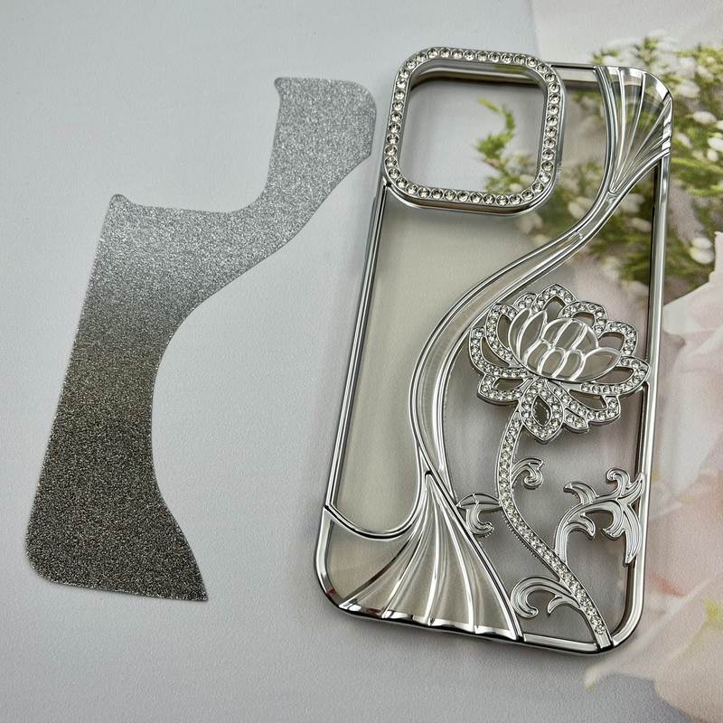 قاب گوشی iPhone 14 Pro Max آیفون Flower Case گل رز نگین دار برجسته لنز الماسی شفاف اکلیلی نقره ای کد 27961 - Image 2