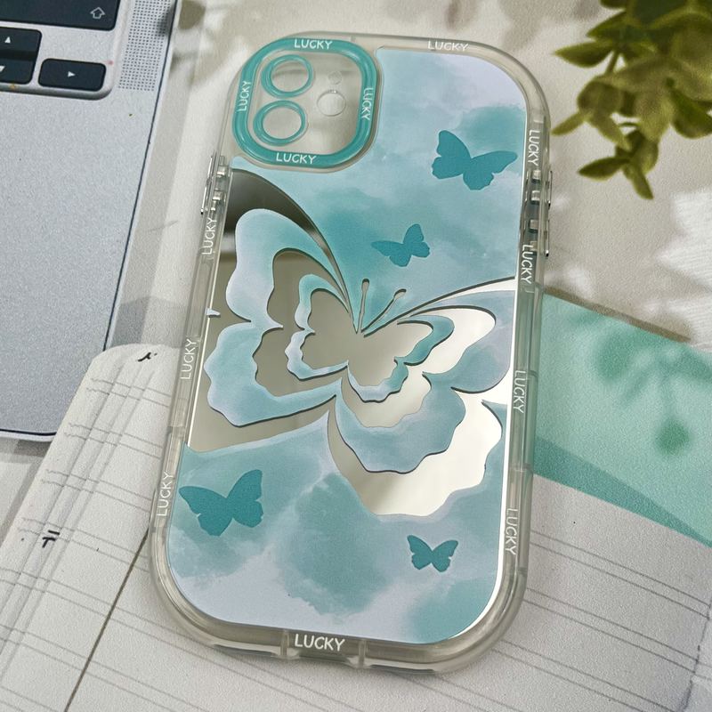 قاب گوشی iPhone 11 آیفون Mirror Case ایربگ دار آینه ای طرح پروانه سبزآبی لنز رنگی کد 30021 - Image 2