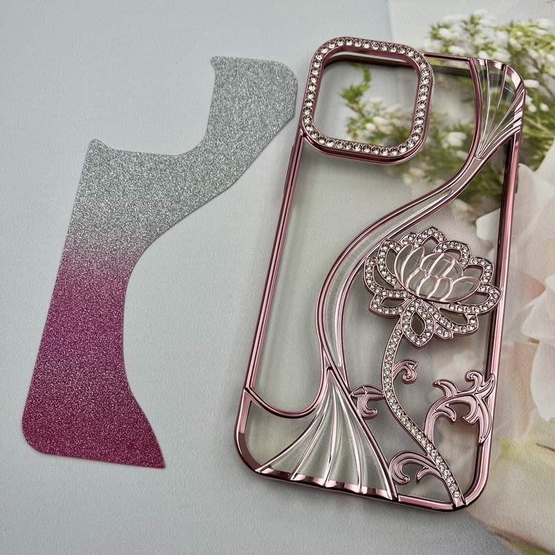 قاب گوشی iPhone 13 Pro Max آیفون Flower Case گل رز نگین دار برجسته لنز الماسی شفاف اکلیلی رزگلد کد 32897 - Image 2