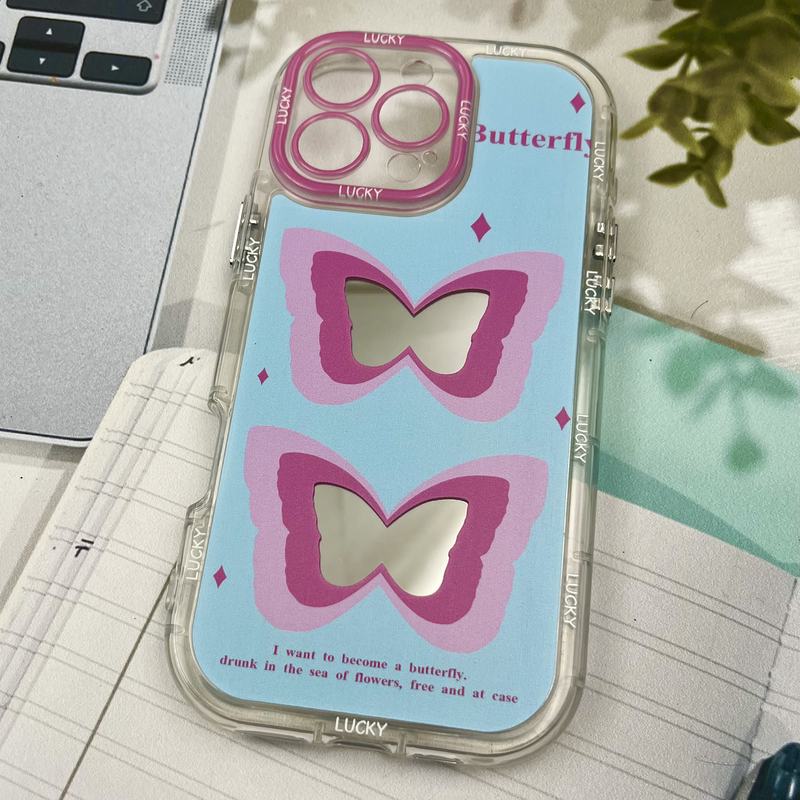 قاب گوشی iPhone 16 Pro Max آیفون Mirror Case ایربگ دار آینه ای طرح پروانه صورتی لنز رنگی کد 48175 - Image 2
