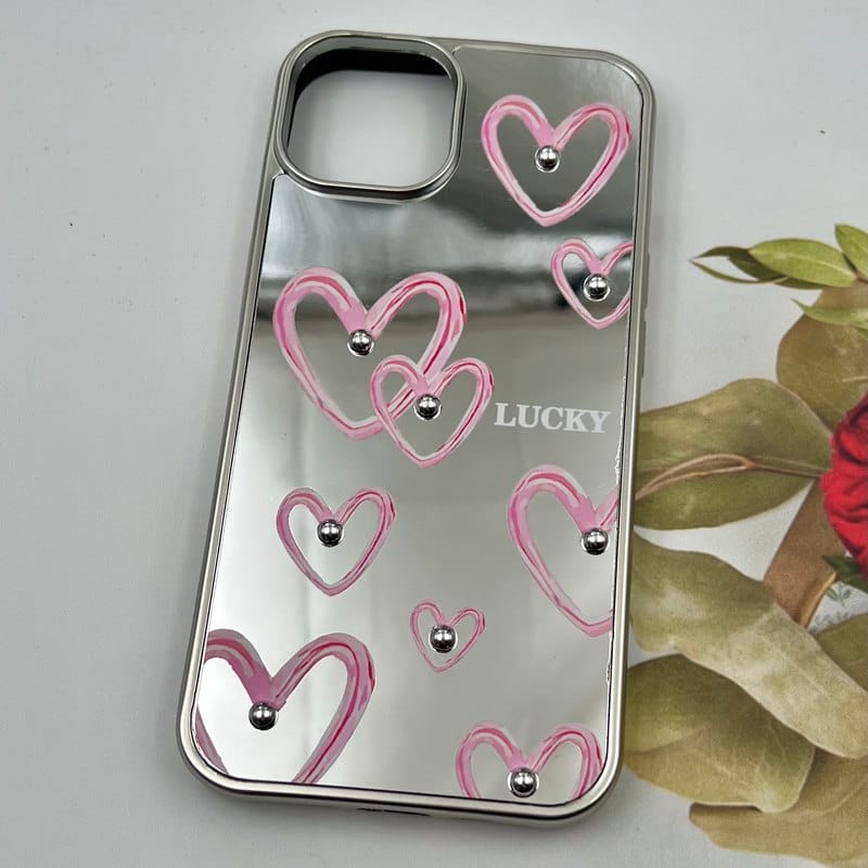 قاب گوشی iPhone 13 / iPhone 14 آیفون Mirror Case آینه ای مروارید برجسته طرح قلب آبرنگی کد 50259 - Image 2