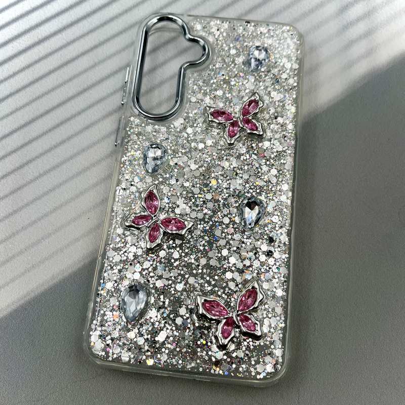 قاب گوشی Galaxy A55 سامسونگ Resin Case رزین الماسی شاین طرح پروانه لنز Silver کد 52002 - Image 2
