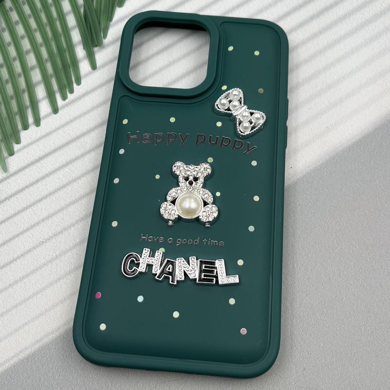 قاب گوشی iPhone 14 Pro Max آیفون Happy Puppy ایربگ دار طرح تدی مرواریدی برجسته سبز کد 60810 - Image 2