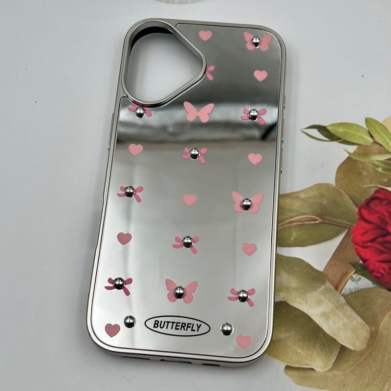 قاب گوشی iPhone 17 آیفون Mirror Case آینه ای مروارید برجسته طرح قلب و پروانه کد 66423 - Image 2