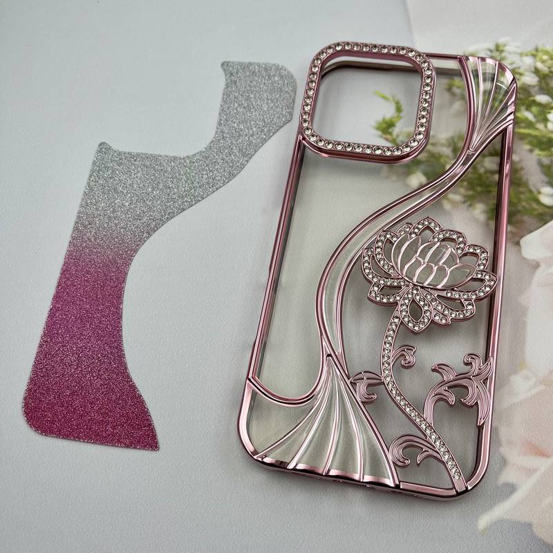 قاب گوشی iPhone 16 Pro Max آیفون Flower Case گل رز نگین دار برجسته لنز الماسی شفاف اکلیلی رزگلد کد 67300 - Image 2