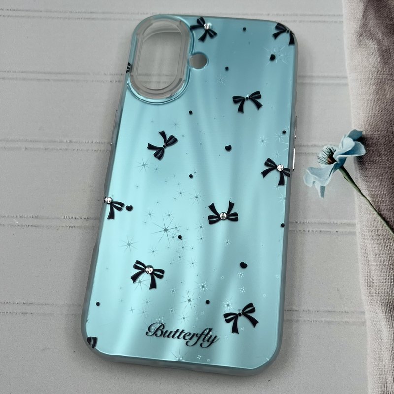 قاب گوشی iPhone 16 آیفون Luxury Case کهکشانی طرح پاپیون آبی نگین برجسته کد 67957 - Image 2
