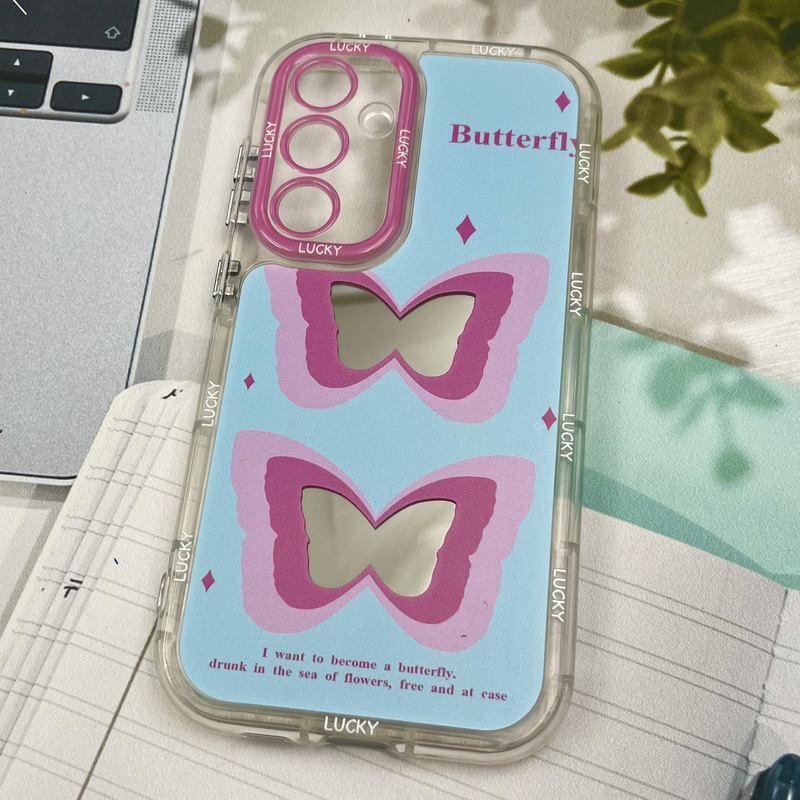 قاب گوشی Galaxy S24 FE سامسونگ Mirror Case ایربگ دار آینه ای طرح پروانه صورتی لنز رنگی کد 71186 - Image 2