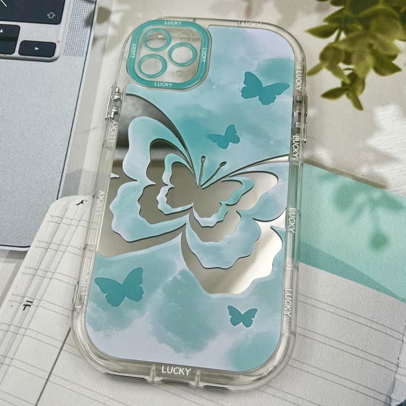 قاب گوشی iPhone 11 Pro Max آیفون Mirror Case ایربگ دار آینه ای طرح پروانه سبزآبی لنز رنگی کد 72689 - Image 2