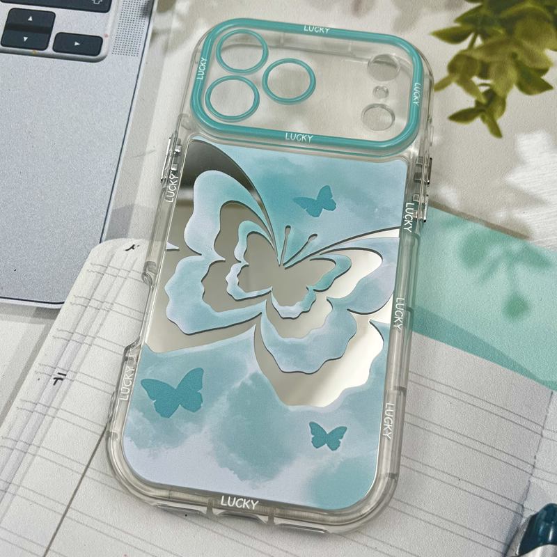 قاب گوشی iPhone 17 Pro Max آیفون Mirror Case ایربگ دار آینه ای طرح پروانه سبزآبی لنز رنگی کد 73036 - Image 2