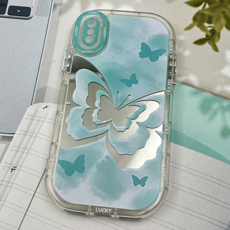 قاب گوشی iPhone X / iPhone XS آیفون Mirror Case ایربگ دار آینه ای طرح پروانه سبزآبی لنز رنگی کد 79897 - Image 2