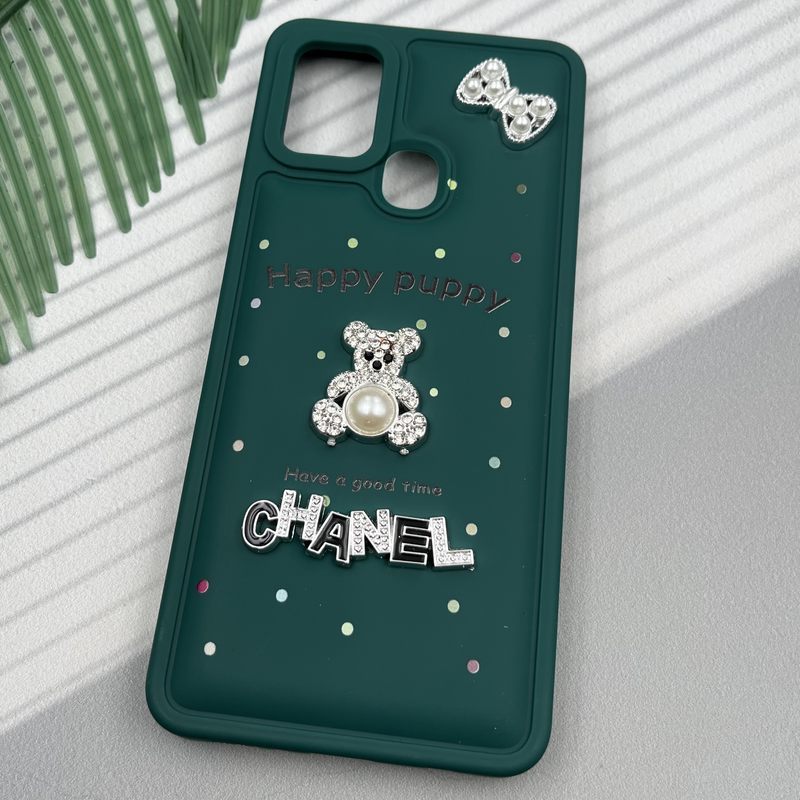قاب گوشی Galaxy A21S سامسونگ Happy Puppy ایربگ دار طرح تدی مرواریدی برجسته سبز کد 80343 - Image 2