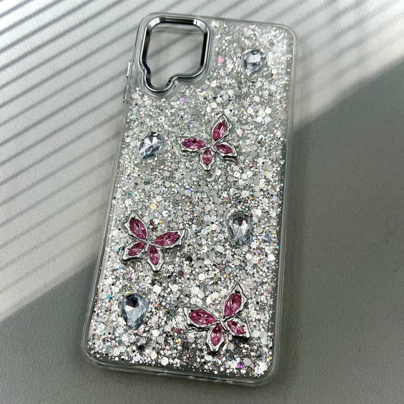 قاب گوشی Galaxy A12 / Galaxy M12 سامسونگ Resin Case رزین الماسی شاین طرح پروانه لنز Silver کد 84124 - Image 2