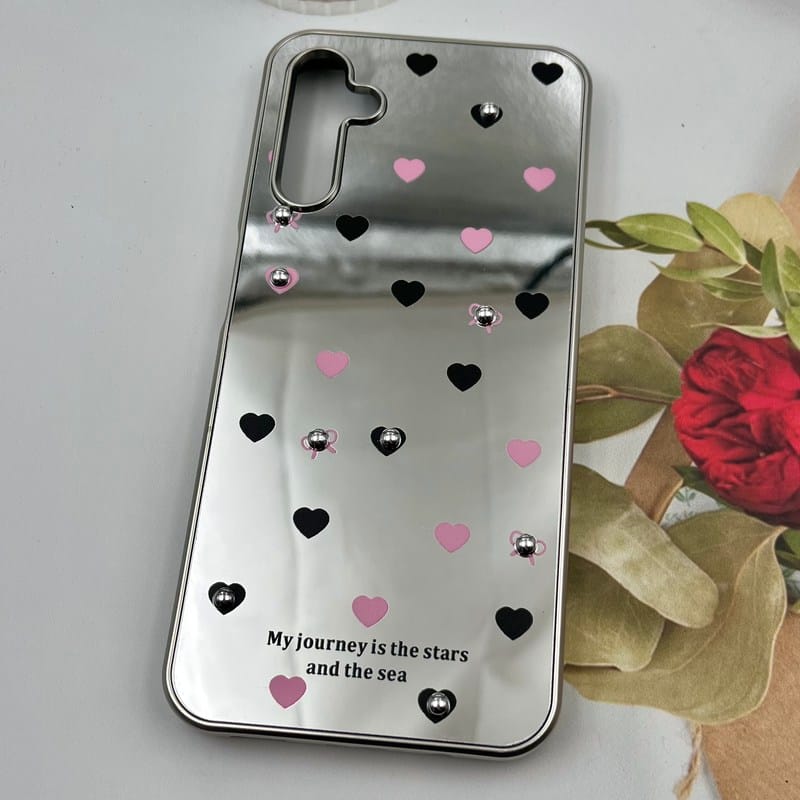 قاب گوشی Galaxy A14 سامسونگ Mirror Case آینه ای مروارید برجسته طرح قلب صورتی مشکی کد 89304 - Image 2