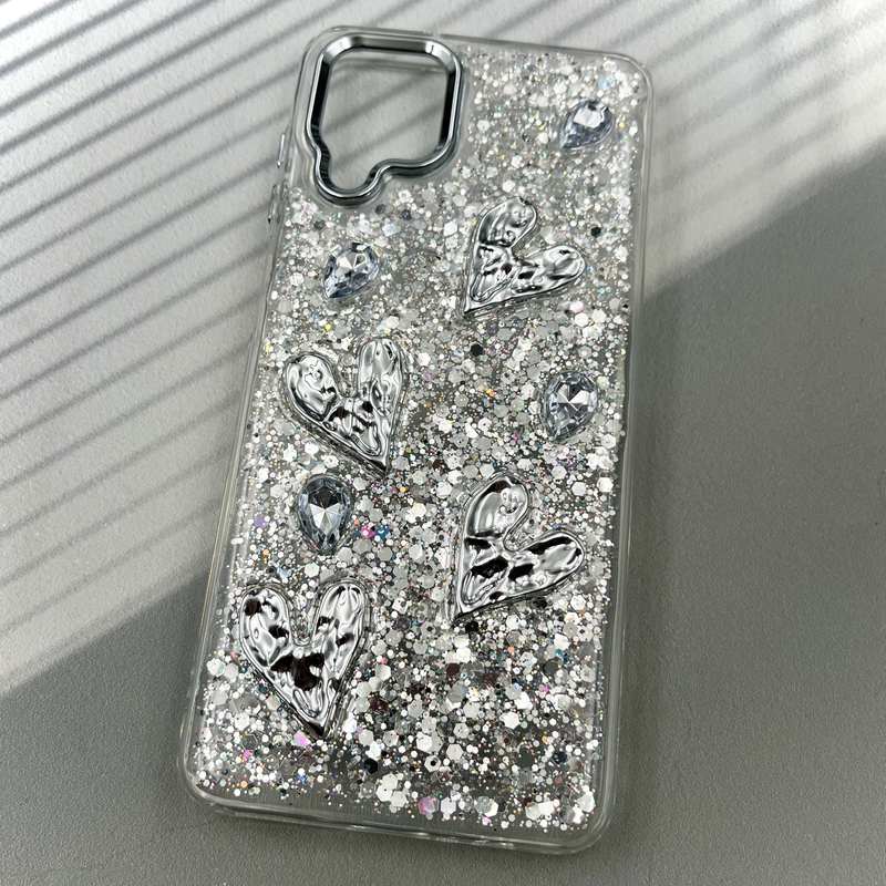 قاب گوشی Galaxy A12 / Galaxy M12 سامسونگ Resin Case رزین الماسی شاین طرح قلب لنز Silver کد 90074 - Image 2