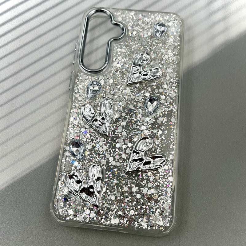 قاب گوشی Galaxy A55 سامسونگ Resin Case رزین الماسی شاین طرح قلب لنز Silver کد 90603 - Image 2