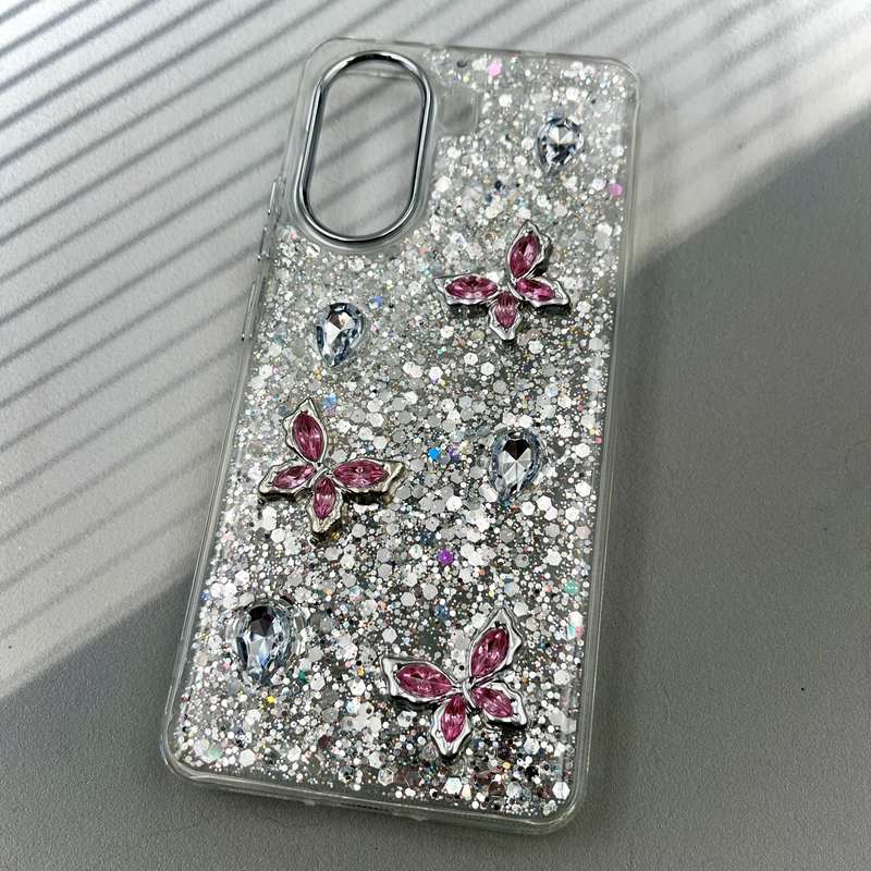 قاب گوشی Poco X7 Pro شیائومی Resin Case رزین الماسی شاین طرح پروانه لنز Silver کد 98015 - Image 2