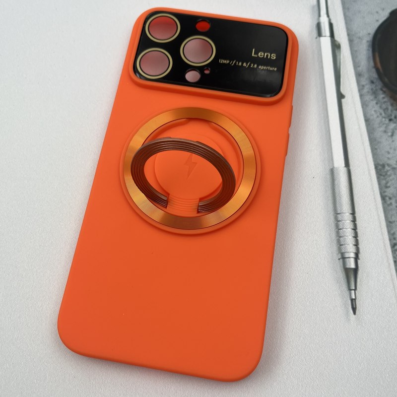 قاب گوشی iPhone 15 Pro Max آیفون سیلیکونی Camera Lens مگ سیف Magsafe اورجینال استندشو محافظ لنز دار شیشه ای نارنجی کد 25014 - Image 2