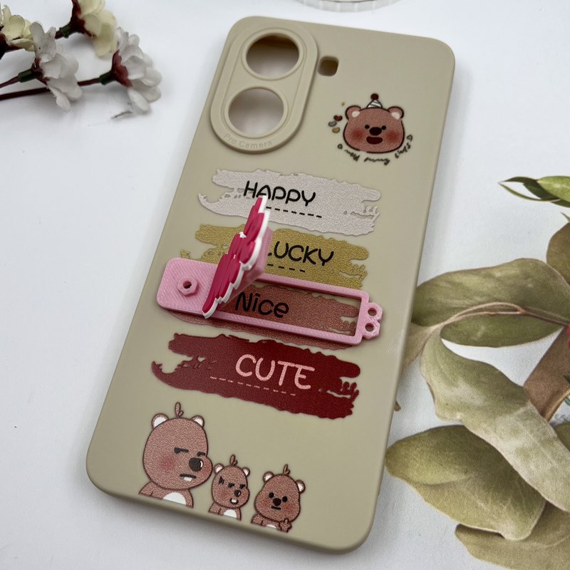 قاب گوشی Poco X7 Pro شیائومی سیلیکونی Stand Case عروسکی Nice استندشو محافظ لنز دار کرم Happy کد 40707 - Image 2