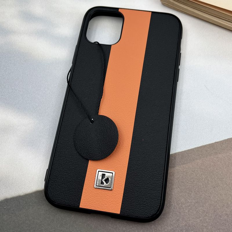 قاب گوشی iPhone 11 آیفون Protection Case چرم لوگو فلزی سوپر اسپرت لنز برجسته مشکی نارنجی کد 44053 - Image 2