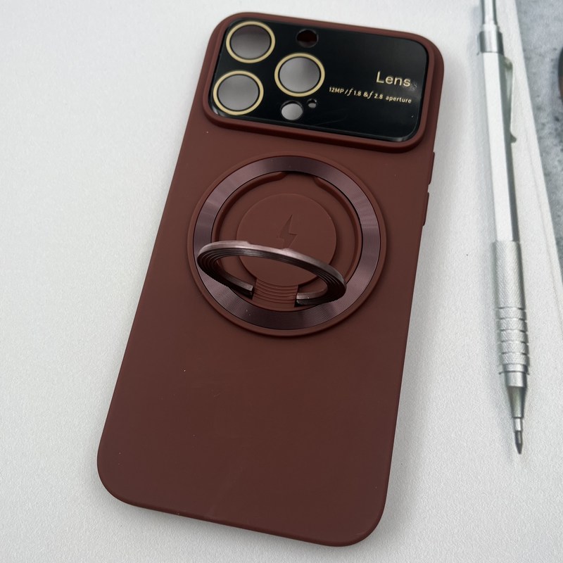 قاب گوشی iPhone 15 Pro Max آیفون سیلیکونی Camera Lens مگ سیف Magsafe اورجینال استندشو محافظ لنز دار شیشه ای زرشکی کد 45348 - Image 2