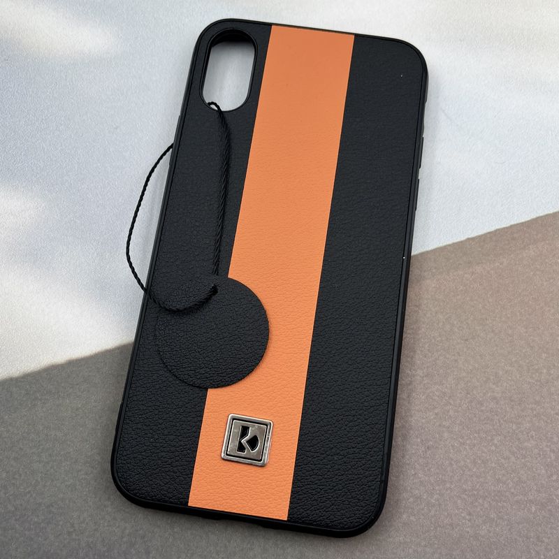 قاب گوشی iPhone X / iPhone XS آیفون Protection Case چرم لوگو فلزی سوپر اسپرت لنز برجسته مشکی نارنجی کد 53421 - Image 2