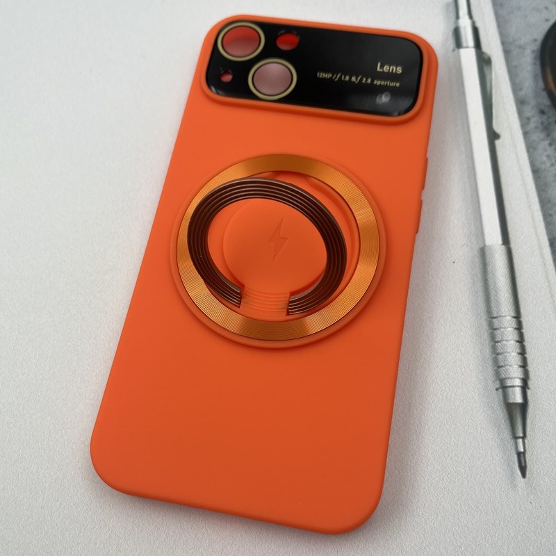 قاب گوشی iPhone 13 آیفون سیلیکونی Camera Lens مگ سیف Magsafe اورجینال استندشو محافظ لنز دار شیشه ای نارنجی کد 63582 - Image 2