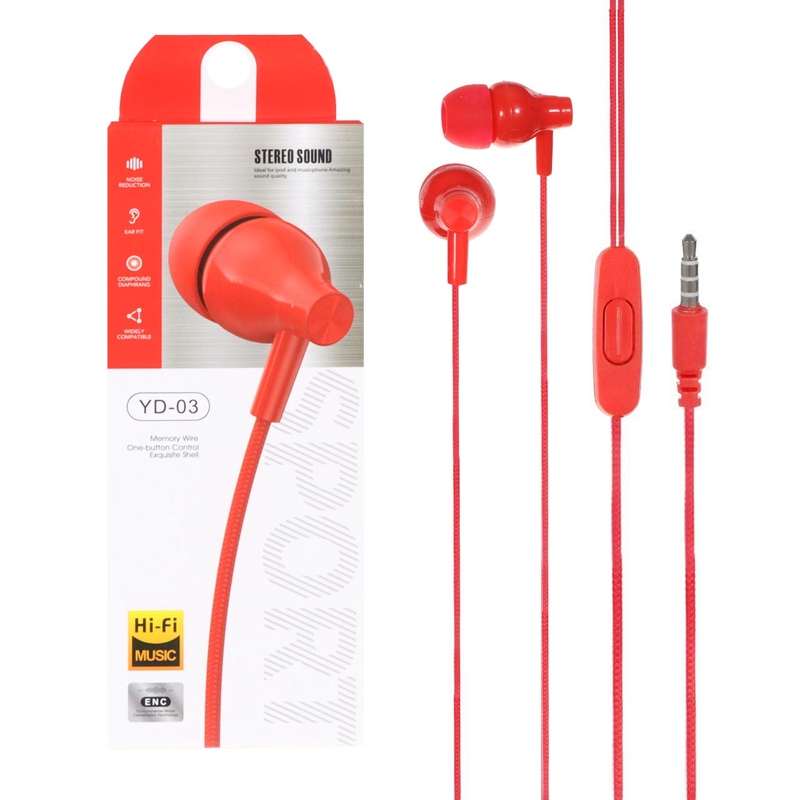 هندزفری با سیم Stereo Earphone اورجینال AUX مدل YD-03 قرمز کد 68809
