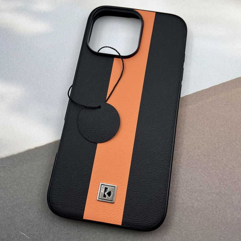 قاب گوشی iPhone 16 Pro Max آیفون Protection Case چرم لوگو فلزی سوپر اسپرت لنز برجسته مشکی نارنجی کد 69653 - Image 2
