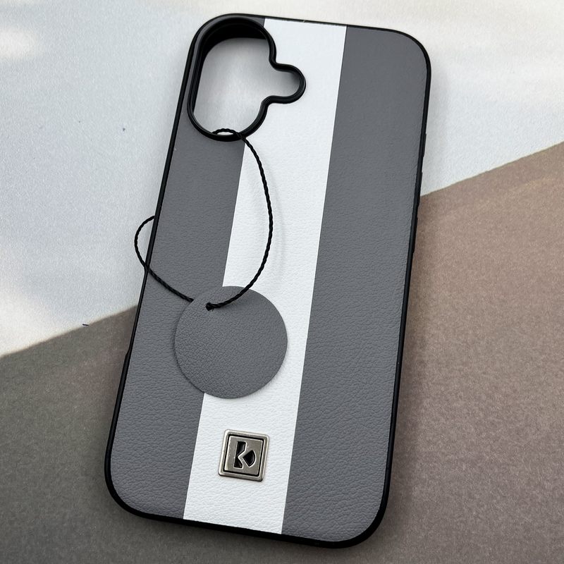 قاب گوشی iPhone 16 آیفون Protection Case چرم لوگو فلزی سوپر اسپرت لنز برجسته طوسی سفید کد 84384 - Image 2