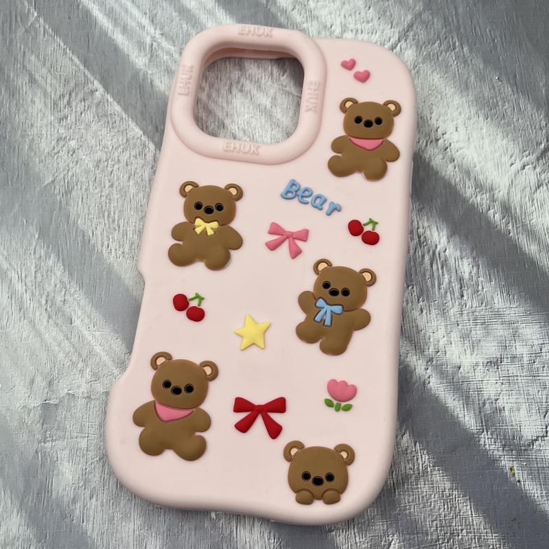 قاب گوشی iPhone 16 Pro Max آیفون سیلیکونی پاک کنی عروسکی ضد ضربه برجسته طرح خرس تدی صورتی کد 89597 - Image 2