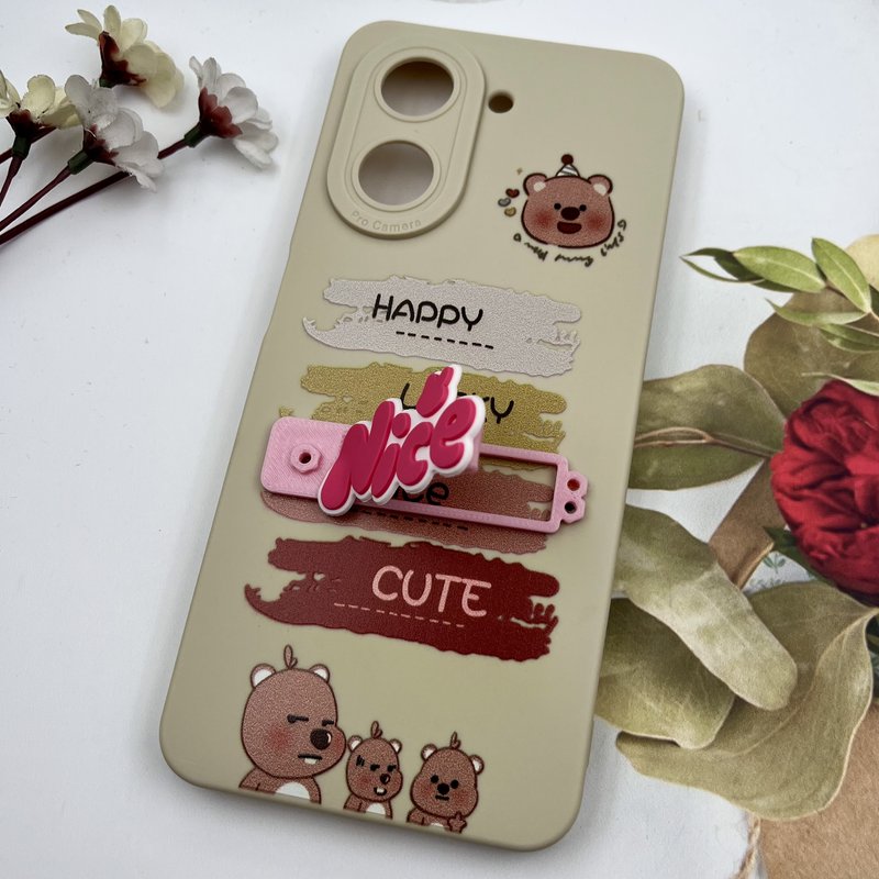 قاب گوشی Redmi A5 / Poco C71 شیائومی سیلیکونی Stand Case عروسکی Nice استندشو محافظ لنز دار کرم Happy کد 94358 - Image 2
