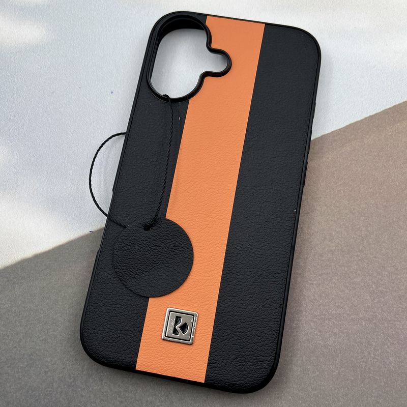 قاب گوشی iPhone 16 آیفون Protection Case چرم لوگو فلزی سوپر اسپرت لنز برجسته مشکی نارنجی کد 97055 - Image 2