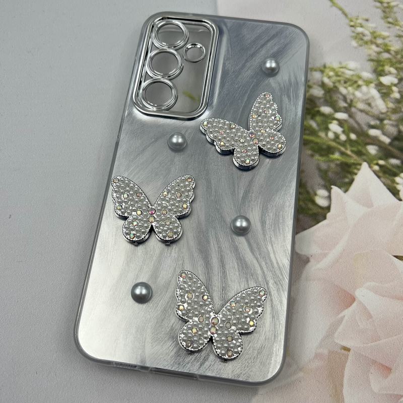 قاب گوشی Galaxy S23 FE سامسونگ Butterfly Case لوکس پروانه مرواریدی طوسی نقره ای لنز Silver کد 10412 - Image 2