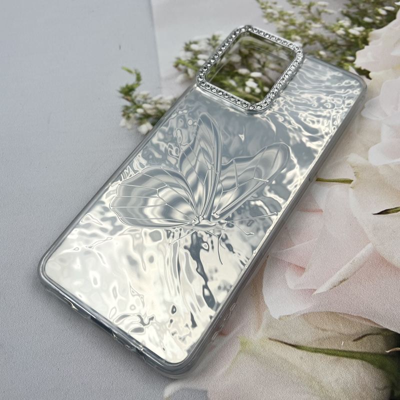 قاب گوشی Galaxy A12 / Galaxy M12 سامسونگ Silver Butterfly لنز برجسته نگین دار لاکچری نقره ای کد 13684 - Image 2