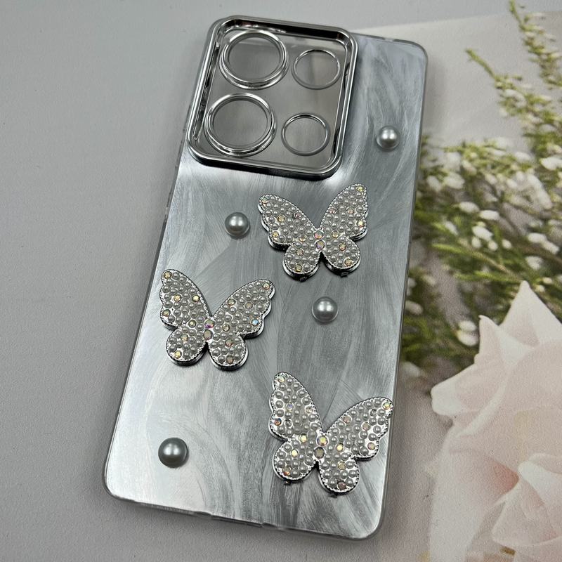 قاب گوشی Redmi Note 14S / Redmi Note 13 Pro 4G / Poco M6 Pro 4G شیائومی Butterfly Case لوکس پروانه مرواریدی طوسی نقره ای لنز Silver کد 24948 - Image 2