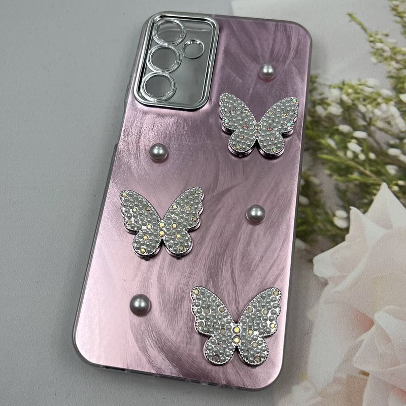 قاب گوشی Galaxy A15 سامسونگ Butterfly Case لوکس پروانه مرواریدی صورتی یاسی لنز Silver کد 29721 - Image 2