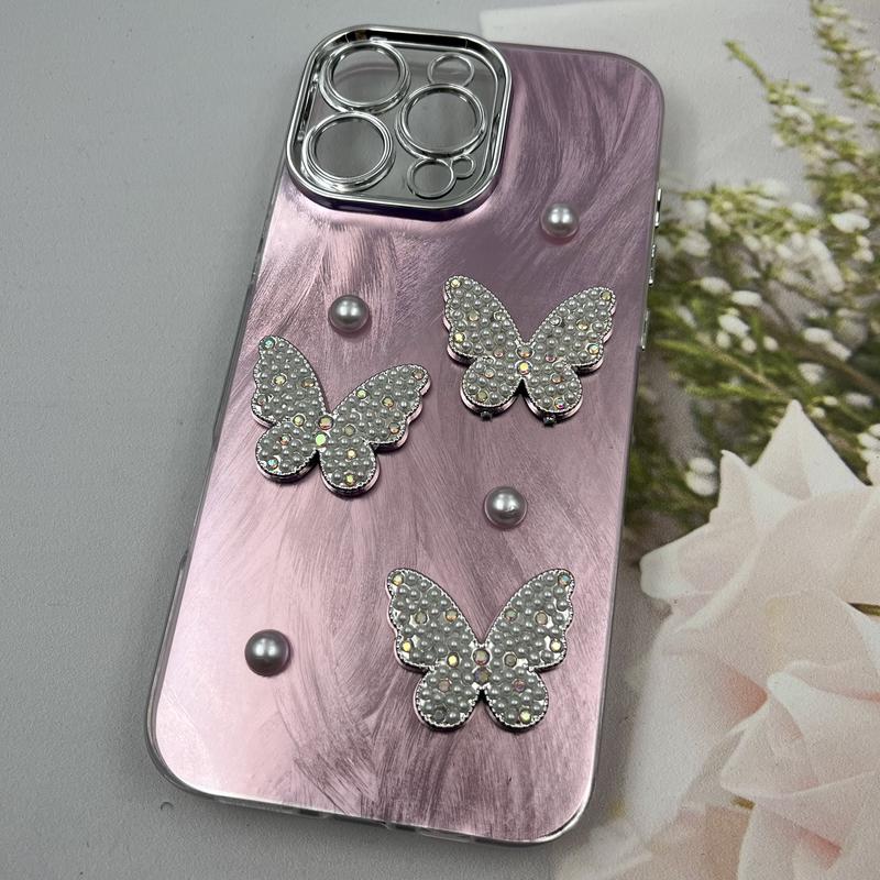 قاب گوشی iPhone 16 Pro Max آیفون Butterfly Case لوکس پروانه مرواریدی صورتی یاسی لنز Silver کد 30957 - Image 2
