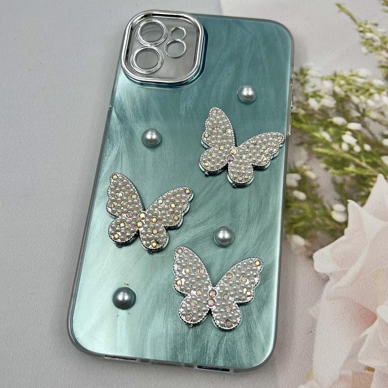 قاب گوشی iPhone 11 آیفون Butterfly Case لوکس پروانه مرواریدی سبزآبی لنز Silver کد 32612 - Image 2