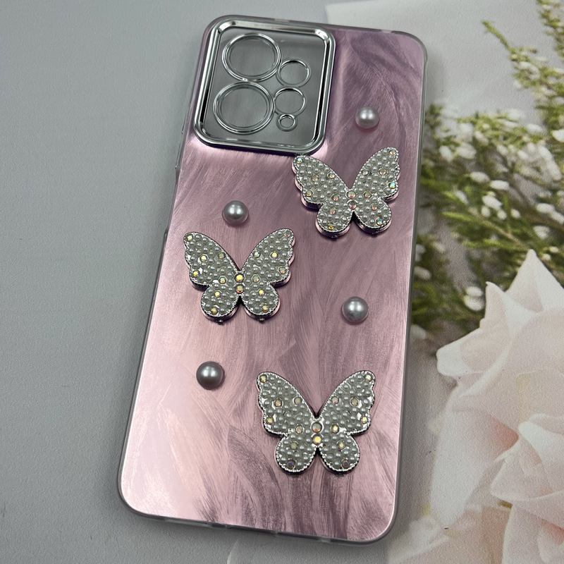 قاب گوشی Redmi Note 12 4G شیائومی Butterfly Case لوکس پروانه مرواریدی صورتی یاسی لنز Silver کد 34484 - Image 2