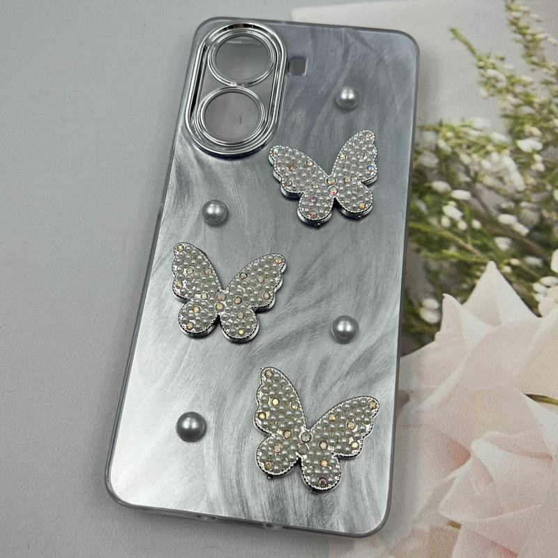 قاب گوشی Poco X7 Pro شیائومی Butterfly Case لوکس پروانه مرواریدی طوسی نقره ای لنز Silver کد 51215 - Image 2